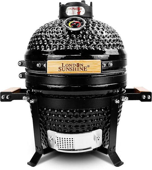 Ceramic BBQ Charcoal Kamado Grill 13 inch Portable Tabletop BBQ Grill with Stainless Steel Grates Black, Black