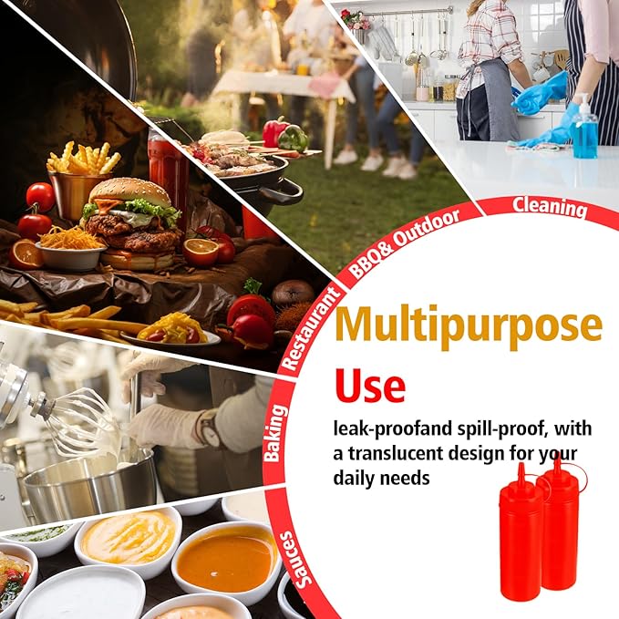 Squeeze Bottles for Sauces,Leak-Proof Condiment Dispenser, BPA-Free Kitchen Restaurant Squeeze Bottle Set with Wide Mouth for Ketchup, Mustard,Syrup,Dressings (Red, 6Pack-16oz(400ml))