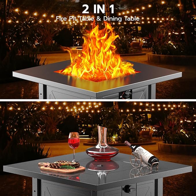 ZAFRO 28" Fire Pit Table, 40000 BTU Propane Fire Pit Table with Lid,Rain Cover and 3 Pounds Lava Stones for Outdoor Backyard, Courtyard