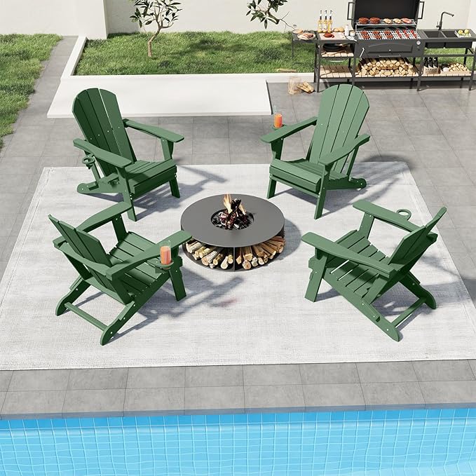 Folding Adirondack Chair Set of 4, HDPE All-Weather Patio Chairs for Outdoor, Patio, Lawn, Garden, Backyard Deck, Fire Pit - Dark Green