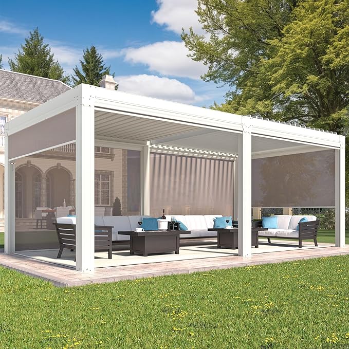 YOLENY Louvered Pergola and 6 Pull-Down Screens, 10x20FT All Aluminum Pergola with Adjustable Rainproof Roof, Outdoor Sun Shade Shelter for Patio, Weatherproof, White