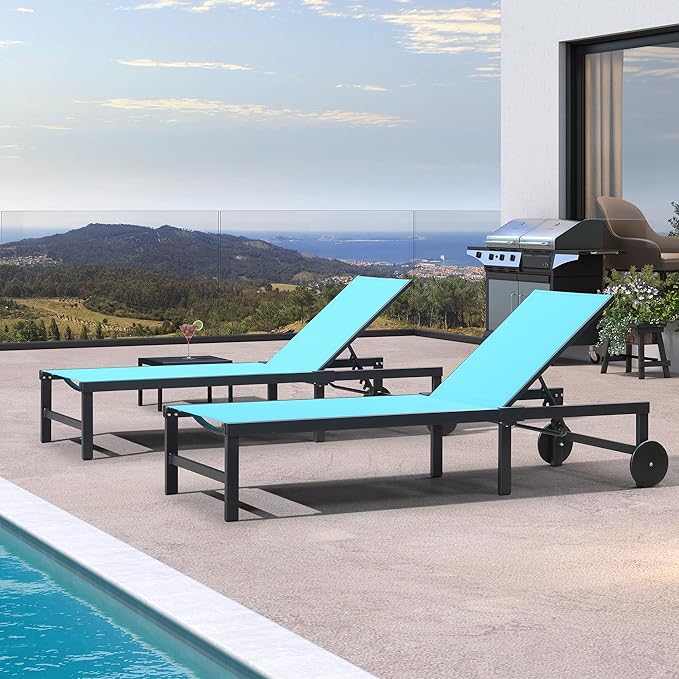 PURPLE LEAF Outdoor Chaise Lounge Chairs Set Recliner Adjustable Chair with Wheels and Table for Poolside Beach Patio Aluminum Reclining Sunbathing Lounger, Blue