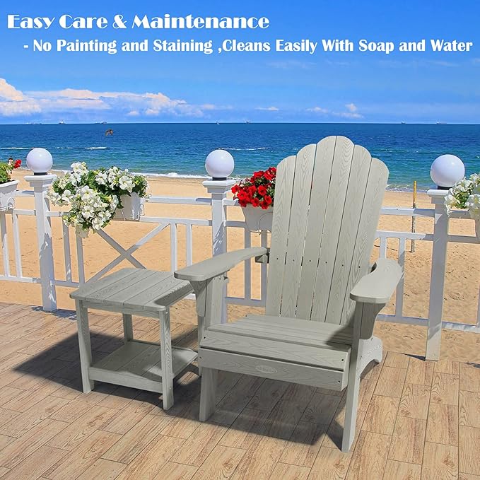 hOmeHua Oversized Adirondack Chairs Set of 2, HIPS Adirondack Chairs Weather Resistant with Cup Holder, Plastic Outdoor Chair for Patio, Backyard Deck, Fire Pit Lawn Porch (Grey)