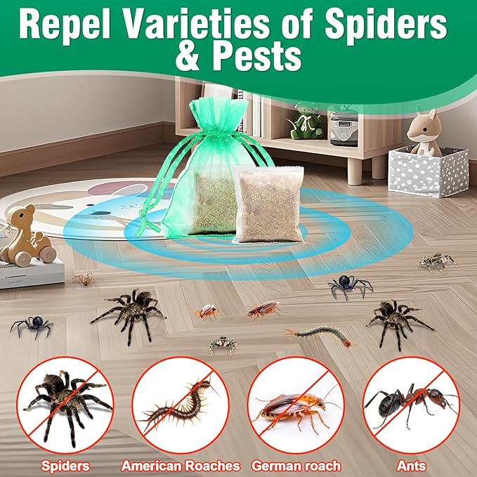 Spider Repellent for Indoor, 24 Pcs Natural Peppermint Oil Spider Deterrent Pouches Spiders Roach Ant Away, Pest Control Spider Repellant Solution for House Garage Patio Attic, Family & Pet Safe