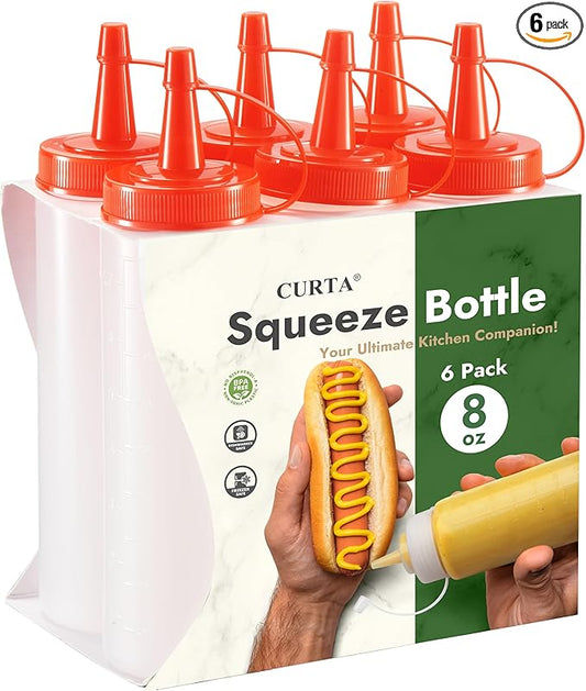 CURTA 6-Pack 8 oz Clear Squeeze Bottle with Cap, BPA-Free Easy-to-Squeeze Plastic Condiment Dispenser with oz & ml Markings for Sauce, Oil, Dressing, Dishwasher Safe, Red