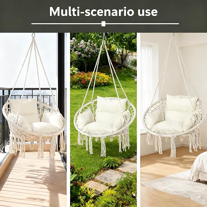 Hammock Hanging Rope Swing Chair with Cushion - Max 330 Lbs, Sturdy Hammock Swinging Chair for Bedroom, Porch, Balcony -White (White1)