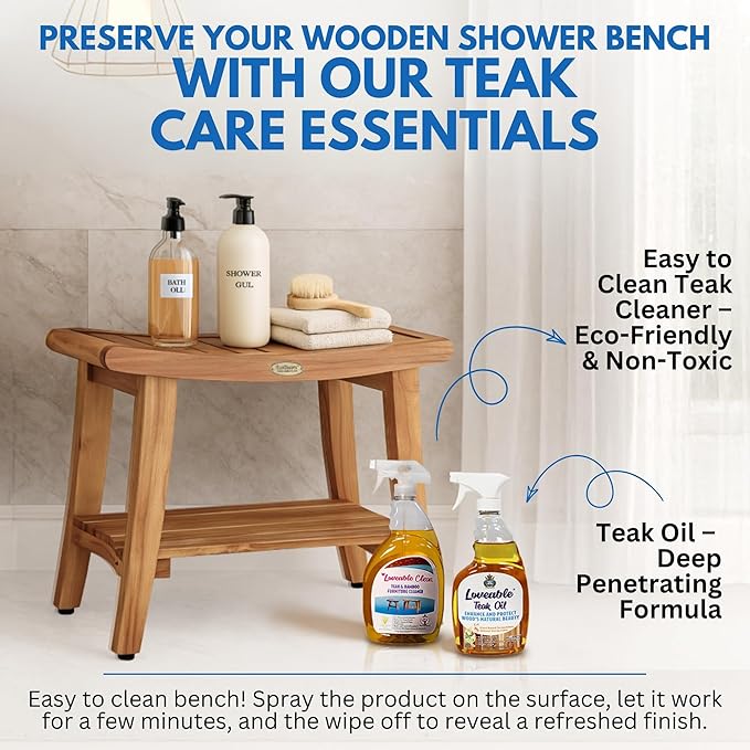 EcoDecors 24 Inch Harmony Natural Color Waterproof Teak Wood Shower Bench Stool Seat Chair For Inside Shower Storage Shelf Provides Safety, Storage, and Organization For Bathroom Accessories