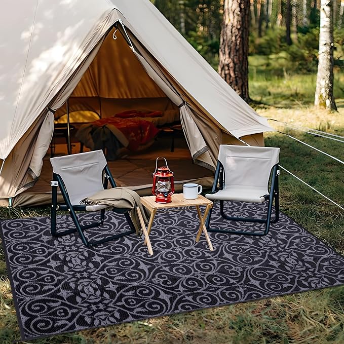 OLANLY Outdoor Rug Waterproof 8x10 ft Clearance, Reversible Outdoor Plastic Straw Rug with Floral Pattern, RV Mat for Patio, Camping, Balcony, Deck, Backyard, Black & Grey