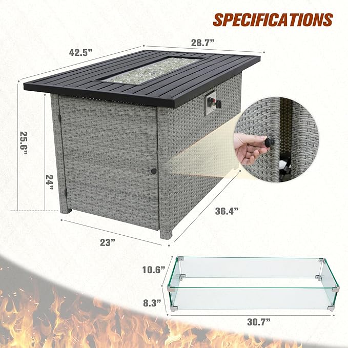 EAGLE PEAK 42'' Rectangular Propane Gas Fire Pit Table with Glass Beads， Wind Guard & Cover Storage, 50,000 BTU Outdoor Firepit Tabletop with Lid and Tank Compartment, Gray PE Rattan