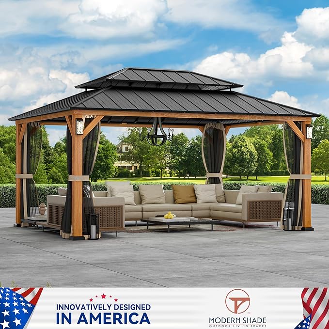 Modern Shade The Horizon Hardtop Gazebo 12' x 16' with 4 LED Lights, Permanent Outdoor Gazebo with Galvanized Steel Double Roof, Grill Pavilion with Decor Hooks, Mosquito Nettings, Wood Grain