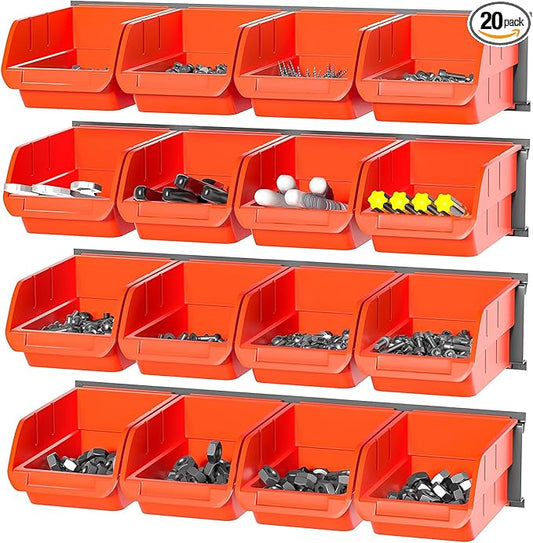 Ultrawall Wall Mounted Storage Bins, Plastic Hanging Storage Organizer Bins, Garage Tool Storage System for Screws, Nuts, Bolts, Nails, and Small Hardware Parts, 16x bins & 4 x rails, Orange