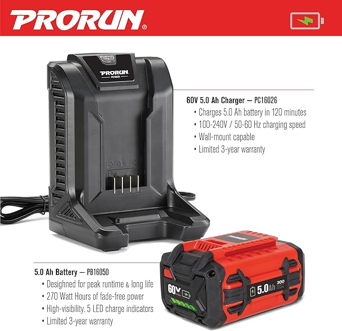 PRORUN 60V 810 CFM 190 MPH Cordless Handheld Leaf Blower with 5.0 Ah Battery and Charger