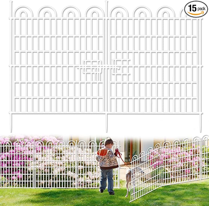 15 Panels Tall Garden Animal Barrier Fence with Gate, 33 in(H) X 36.8 ft(L) No Dig Decorative Garden Fence Outdoor for Yard, Heavy Duty Rustproof Metal Edging Border for Dog, Rabbits, White