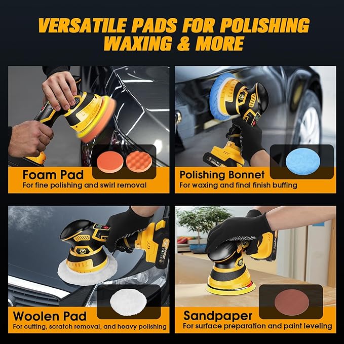 Cordless Car Buffer Polisher kit [2x 2000mAh 21V Batteries & 18 PCS Attachments] 6-Speed Orbital Design, LED Display, 6 Inch Lightweight Detailing Tool for Waxing, Polishing & Scratch Removal