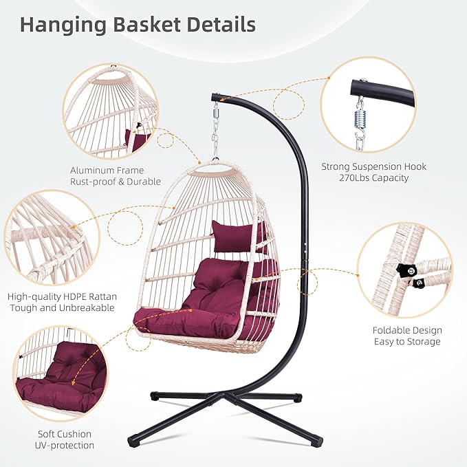 Outdoor Egg Hanging Chair with Stand Patio Wicker Swing Chair for Indoor Outdoor Use Rose Red Color Foldable Design 350lb Capacity