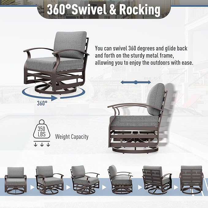 Kurapika 5 Pieces Patio Furniture Set, Outdoor Aluminum Rocking Chair, Patio Bistro Set Swivel Gliders Rocker with Thickened Cushions and Tempered Glass Side Table(Grey)