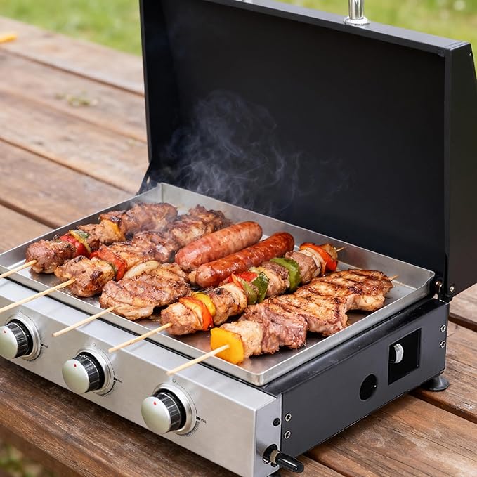 3-Burner Tabletop Gas BBQ Grill with Stainless Steel Plancha, 28680 BTU Output Portable Mini Gas Grill w/Cast Iron Grating Mesh, Compact Design Mini Grill for Camping, RV, Backyard BBQ