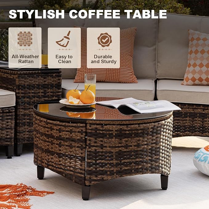 MEISSALIVVE 9 Piece Outdoor Patio Furniture Set, Half-Moon Curved Sectional Sofa Rattan Conversation Set with Wood Armrests, Coffee Table & Side Table（Brown）