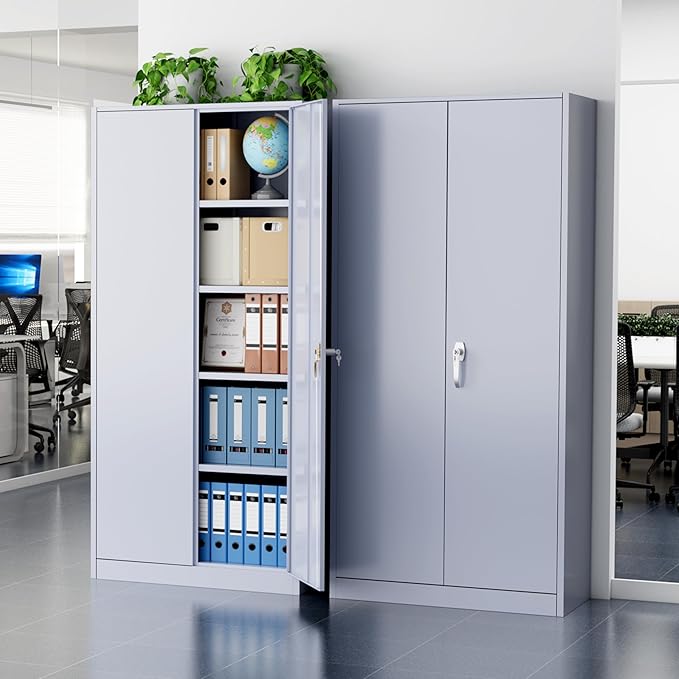 Greenvelly Metal Storage Cabinet with Doors and Shelves, 72'-Inch Locking Metal Cabinet for Garage, Office, School, Warehouse (Dark Gray)