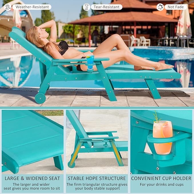 Outdoor Chaise Lounge Chair with Table Set of 3, 5-Position Adjustable Patio Lounge Chair with Wheels & Cup Holder, HDPE Pool Lounge Chair for Outside, Poolside & Beach (Aruba)