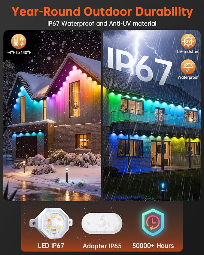 YAYZA! Permanent Outdoor Lights Pro,100ft 72 LED Smart RGB+IC+Warm/Cool White Christmas Eave Lights, 135lm, Music Sync & DIY Scenes, IP67 Waterproof for Outside Decor Works with Alexa,Google, Remote