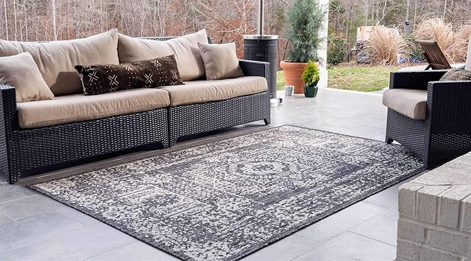 Unique Loom Outdoor Traditional Collection Area Rug - Timeworn (9' x 12' Rectangle, Charcoal Gray/ Gray)