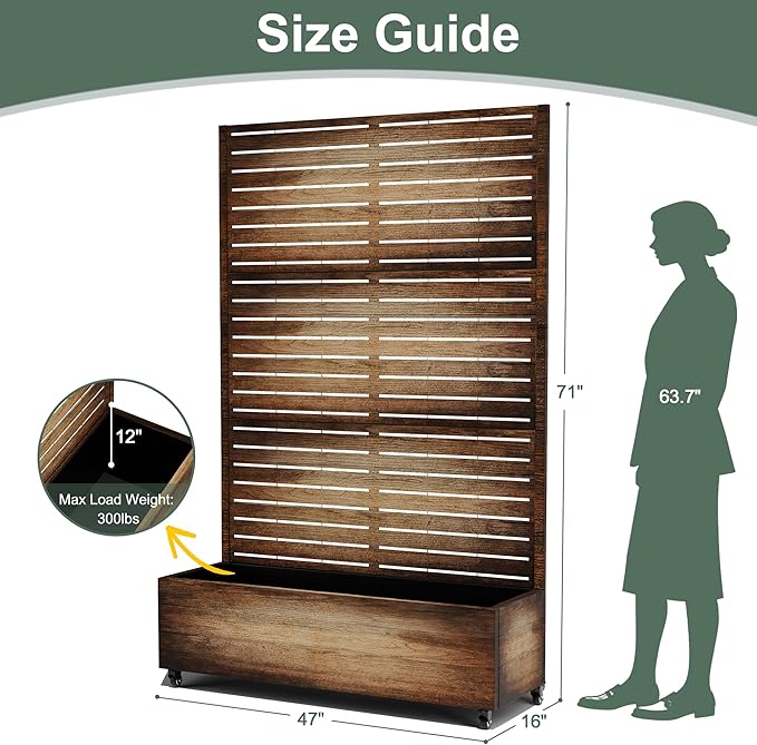 Metal Planter Box with Privacy Screen, Trellis with Planter Box for Climbing Plants, Standing Flower Bed with Wheels & Drainage Holes (47" L, Retro Brown Wood Grain)