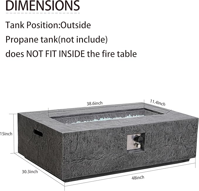 48" Outdoor Propane Fire Pit Table, Rectangle Fire Table w White Fire Glass(50,000 BTU), Patio Firepit Table Slate Gas Fire Table w Rain Cover for Outside, Backyard