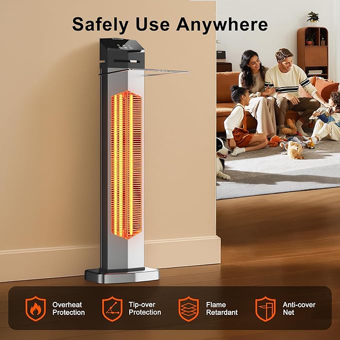 AKIRES Outdoor Electric Patio Heater,37IN 1500W Infrared Tower Heater with Instant Heating,Tip-Over & Overheat Protection,IP54 Waterproof Space Heater For Patio Garage Indoor & Outdoor Use,Silver