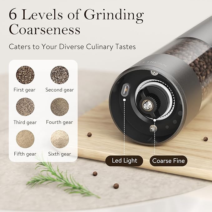 Ultrean Electric Pepper Grinder, Rechargeable Salt and Pepper Grinder with 6 Adjustable Coarseness, LED Light, One-Hand Automatic Operation, Christmas Gifts, Starry Gray