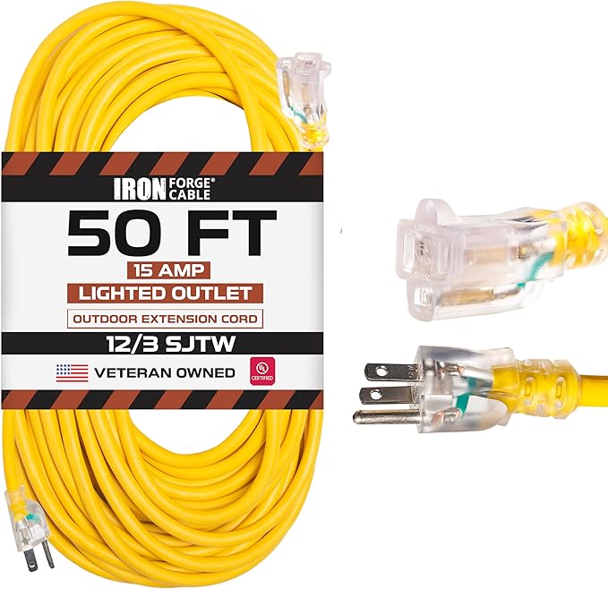 Iron Forge Cable 50 Foot Lighted Outdoor Extension Cord - 12/3 SJTW Heavy Duty Yellow Extension Cable with 3 Prong 15 AMP Grounded Plug for Safety