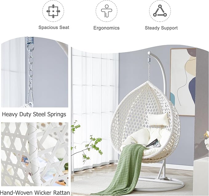 Hanging Egg Chair with Stand, Egg Swing Chair with Stand Indoor Outdoor, White Wicker Swing Egg Chair for Adults, Hammock Chair with Comfortable Cushion and Stable Round Metal Base for Bedroom Patio