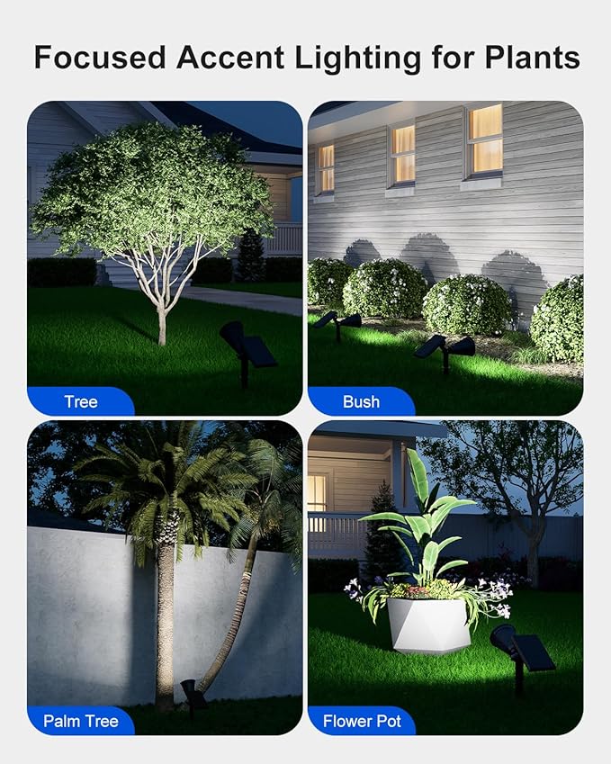 4 Pack Solar Spotlights Outdoor Waterproof for Tree, Statue, Flower, Pot, Bush, Wall, Bright LED Outside Landscape Flood lights for Security Uplighting Yard, Garden, Driveway, Walkway, House, Fence