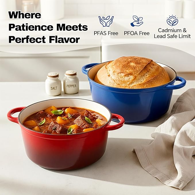 4.5 Quart Dutch Oven Pot with Lid, Non Stick Enameled Cast Iron Dutch Oven for Bread Baking, Heavy-Duty, Oven Safe Ceramic Cookware Up to 500°F for Baking, Braising, Stews, Roasting, Blue