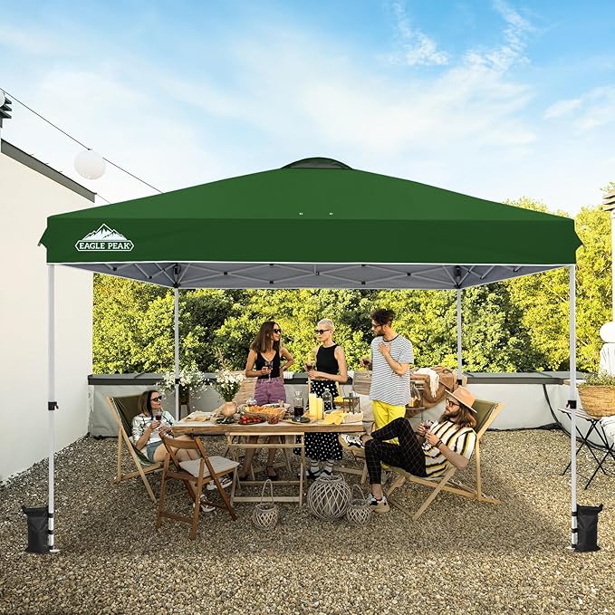 EAGLE PEAK Pop Up Canopy Tent with Wheeled Carry Bag, 8 Stakes, 4 Ropes, 4 Weight Bags, Easy Set Up Tent Canopy, 12x12 ft, 144sqft of Shade, Green