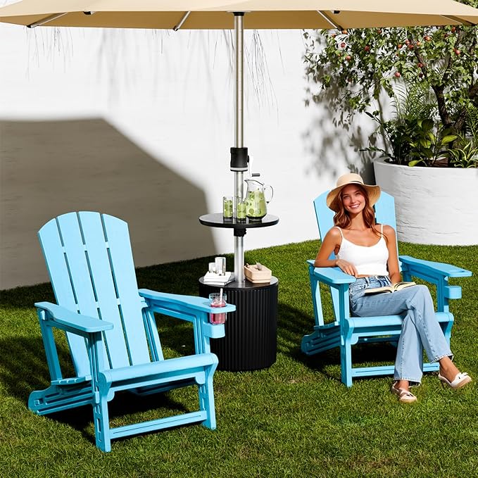 Adirondack Chairs Set of 2,Adirondack Chair with Cup Holder,Wooden Textured Plastic Fire Pit Chair,All-Weather Outdoor Patio Chairs for Lawn,Backyard Deck, Porch,400LBS Heavy-Duty,Sky Blue
