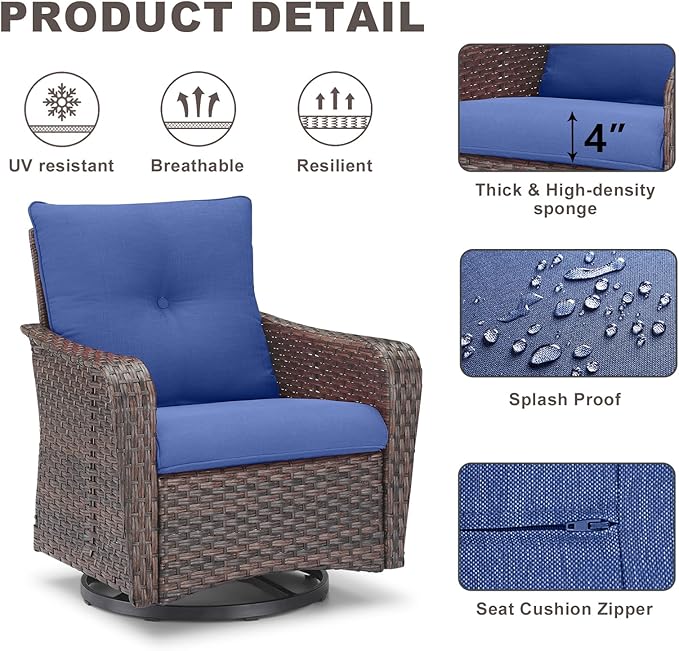 Rilyson Outdoor Patio Swivel Rocker Chairs - 6 PC Wicker Patio Bistro Sets with High Back,Comfy Cushions, Deep Seating and Side Table for Porch Deck Backyard Garden(Brown/Blue)