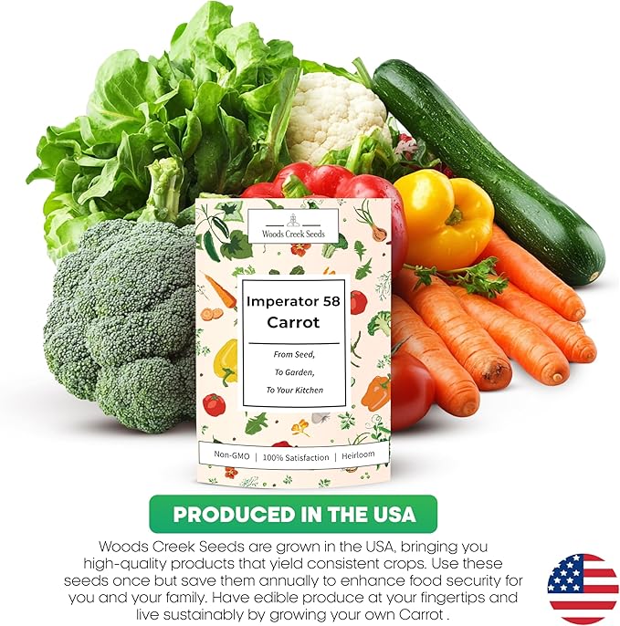 Woods Creek Seeds: Imperator 58 Carrot Seeds for Planting - Over 1,000 Heirloom Carrot Seed Pack - Non-GMO Carrots Seeds for Planting Outdoors or Indoors - Beginner Friendly Vegetable Gardening