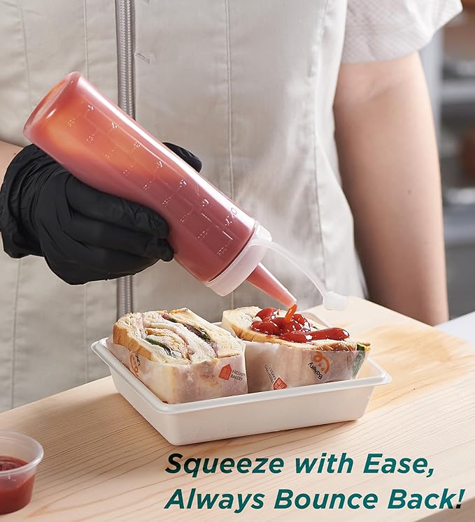 CURTA 6-Pack 8 oz Clear Squeeze Bottle with Cap, BPA-Free Easy-to-Squeeze Plastic Condiment Dispenser with oz & ml Markings for Sauce, Oil, Dressing, Dishwasher Safe, Red