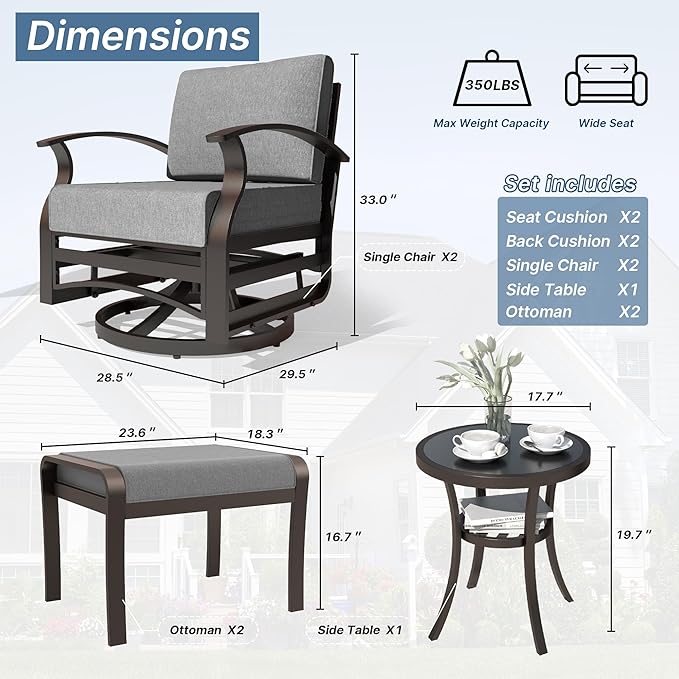 Kurapika 5 Pieces Patio Furniture Set, Outdoor Aluminum Rocking Chair, Patio Bistro Set Swivel Gliders Rocker with Thickened Cushions and Tempered Glass Side Table(Grey)