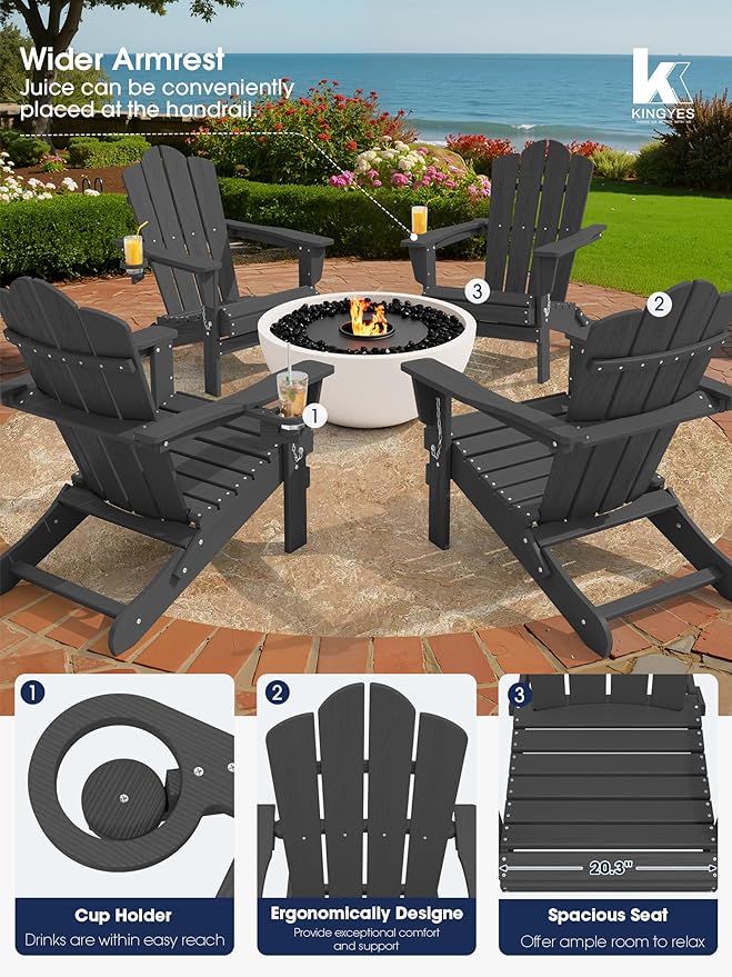 KINGYES Folding Adirondack Chair Set of 2, HDPE All-Weather Patio Chairs with Cup Holder, Wooden Textured Fire Pit Chairs for Poolside, Backyard, Deck, Grey