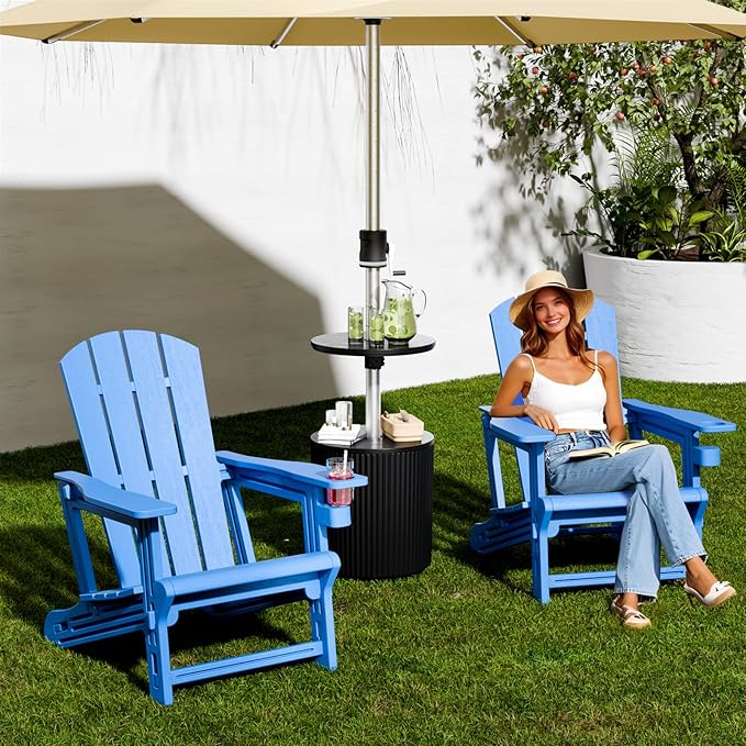 FONTOI Adirondack Chairs Set of 2, Plastic Outdoor Adirondack Chair with Cup Holder, 400 LBS Capacity Recliner Chair Garden Chair for Patio Backyard Lawn Beach, Klein Blue