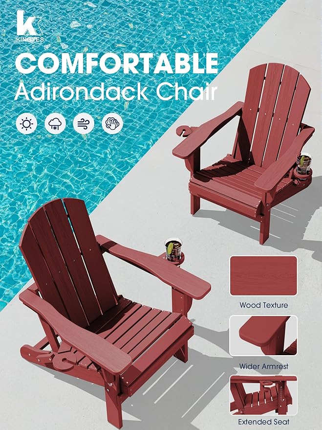 KINGYES Folding Adirondack Chair Set of 8, Dual Cup Holders & All-Weather HDPE, Wood-Like Patio Chair for Backyard, Camping, Pool & Fire Pit, Dark Red