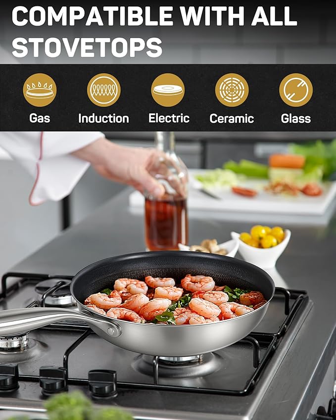 Stainless Steel Nonstick Frying Pan, Hybrid Ceramic 12-Inch Frying Pans, Stay-Cool Handle, PFAS & PFOA PTFE Free, Dishwasher & Oven Safe, Scratch-Resistant, Compatible with Induction & All Cooktops