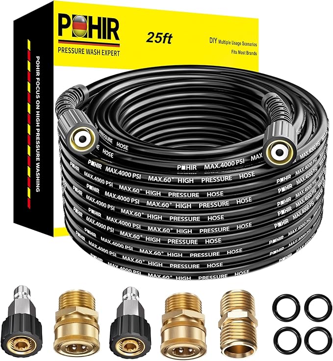 POHIR Pressue Washer Hose 25ft Quick Connect M22 Fittings, 4000 PSI Pressure Power Washer Hose Replacement, Electric Kink Free Hose with M22 Extension Adapter and 4pcs M22 14mm to 3/8