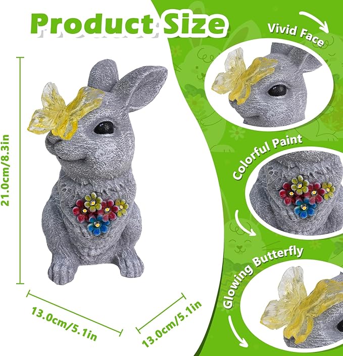 Charming Bunny Garden Statue with Solar Light - Rabbit Figurine Featuring Glowing Flowers & Butterfly - Rustic Outdoor Decor for Spring Patio & Yard - Christmas Birthday Gifts for Grandma Mom Women
