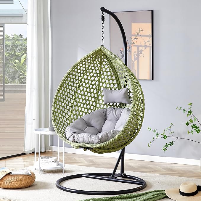 Hanging Egg Chair with Stand, Egg Swing Chair with Stand Indoor Outdoor,Green Wicker Swing Egg Chair for Adults, Hammock Chair with Comfortable Cushion and Stable Round Metal Base for Bedroom Patio