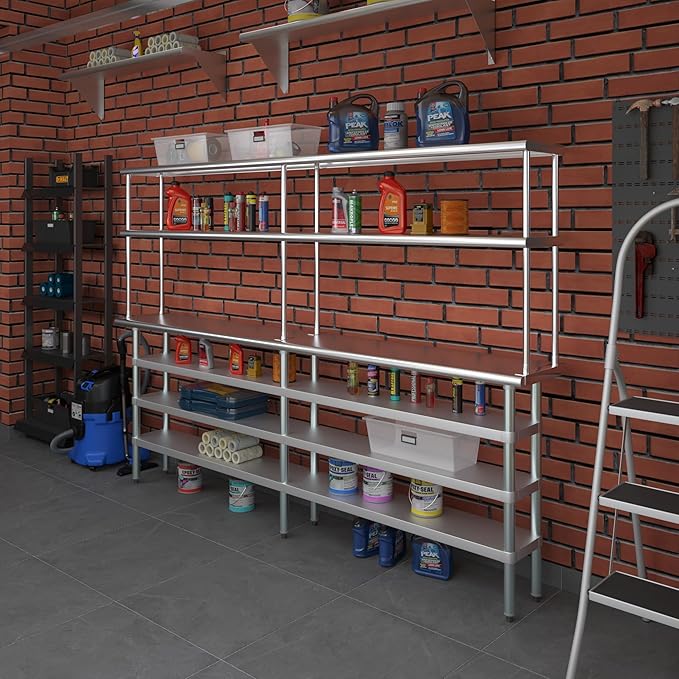 Amgood 14" x 96" Stainless Steel Work Table with 3 Shelves and 12" Wide Double Tier Overshelf | Metal Kitchen Prep Table & Shelving Combo | NSF