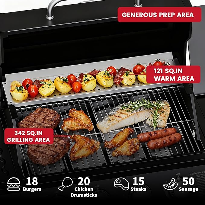 50,000 BTU Gas Grill, 4 Burner BBQ Propane Gas Grill with Side Burner and Stainless Steel Grates,Easy-Clean Grease for Patio, Camping, Outdoor Cooking