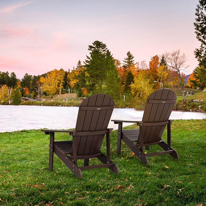 Adirondack Chairs Set of 4, All Weather Resistant Plastic Chairs with Cup Holder, 5 Easy Steps to Install, Outdoor Chairs for Patio, Garden, Backyard Deck, Lawn, Fire Pit - Brown